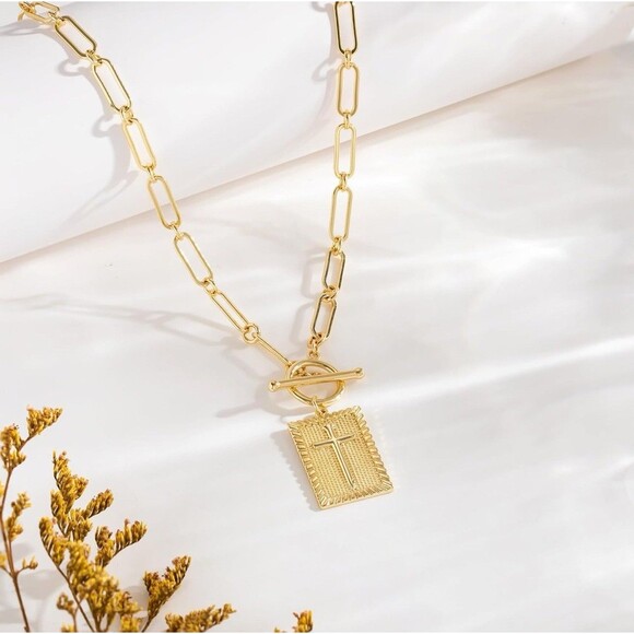 Cross Necklace, Chunky Gold Plate rectangle cross charm, paperclip chain, toggle - Picture 2 of 5